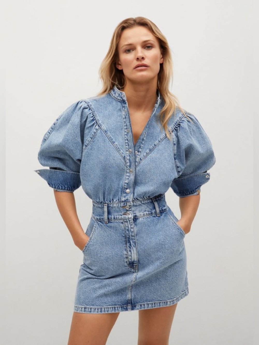 MANGO Denim Dress With Puffed Sleeves